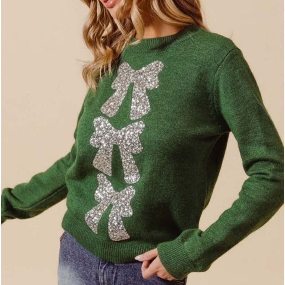 SO ME Women's Sequins Bow Applique Cozy Sweater for Winter Size Large